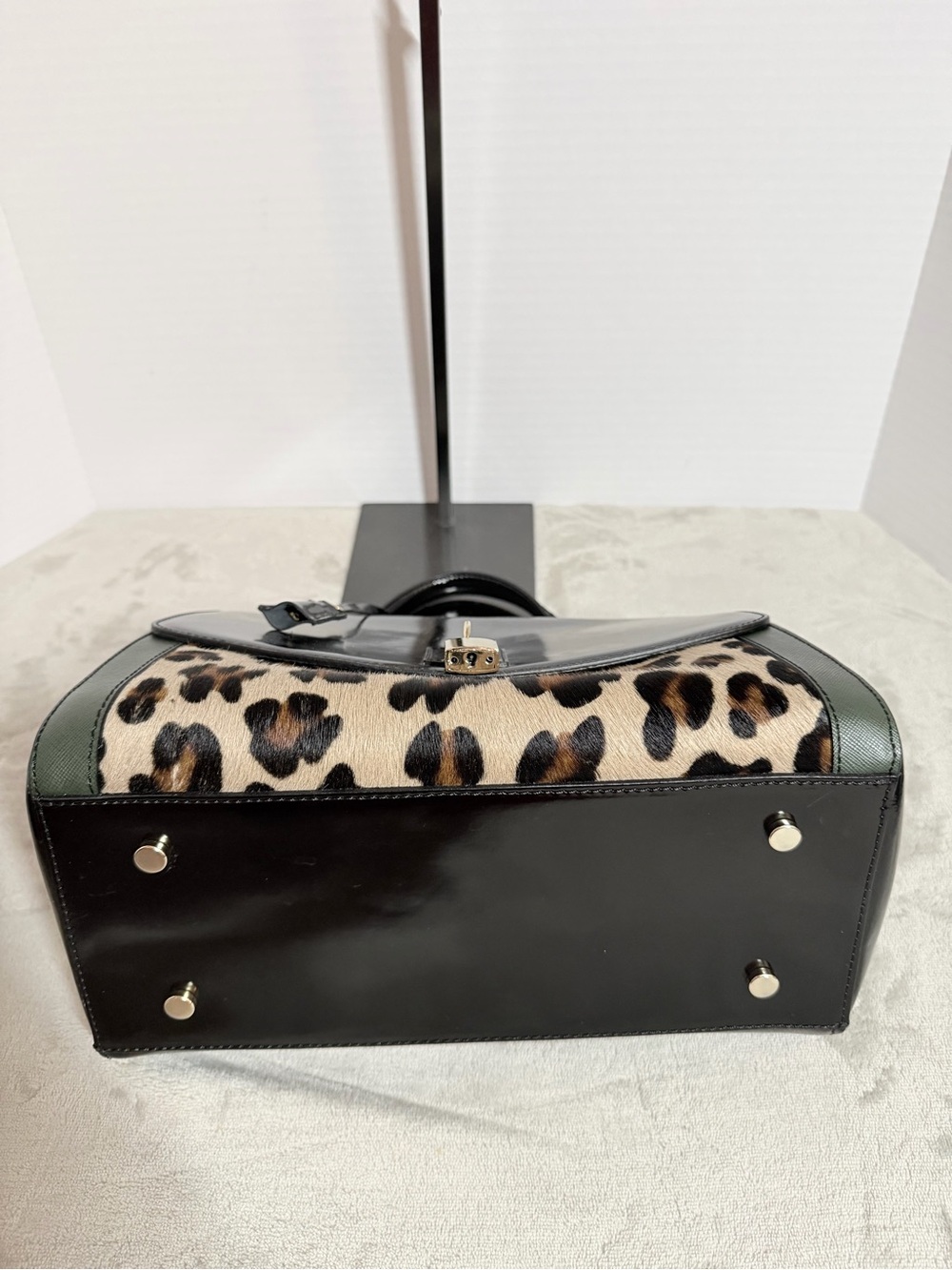 Black Leather and Leopard Accent Top-Handle Satchel - Picture 5 of 9